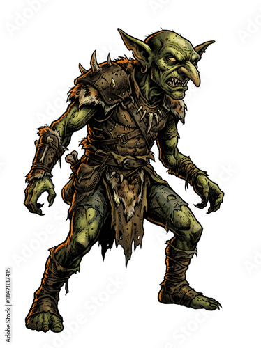 A green-skinned goblin creature with pointed ears and sharp teeth standing in a powerful stance wearing tattered leather armor against a plain white background.