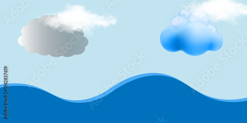 White 3d clouds isolated on blue background. Fluffy cloud design element. Cloudy sky background. Vector illustration