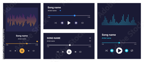 Music player. Audio media and radio phone interface app with play button, playlist screen and digital sound wave. Multimedia mp3 smartphone application. Vector set