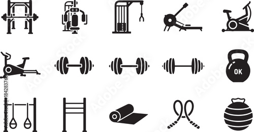 Vector icons set featuring essential gym equipment for weight training and fitness, including various exercise machines, dumbbells, kettlebells, rowing machine, exercise bikes, yoga mat, and jump rope