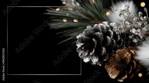 Christmas decor: glittered pinecones, pine branches, crystal berries and gold frame on black background with warm fairy lights. Festive holiday border template, elegant seasonal design 