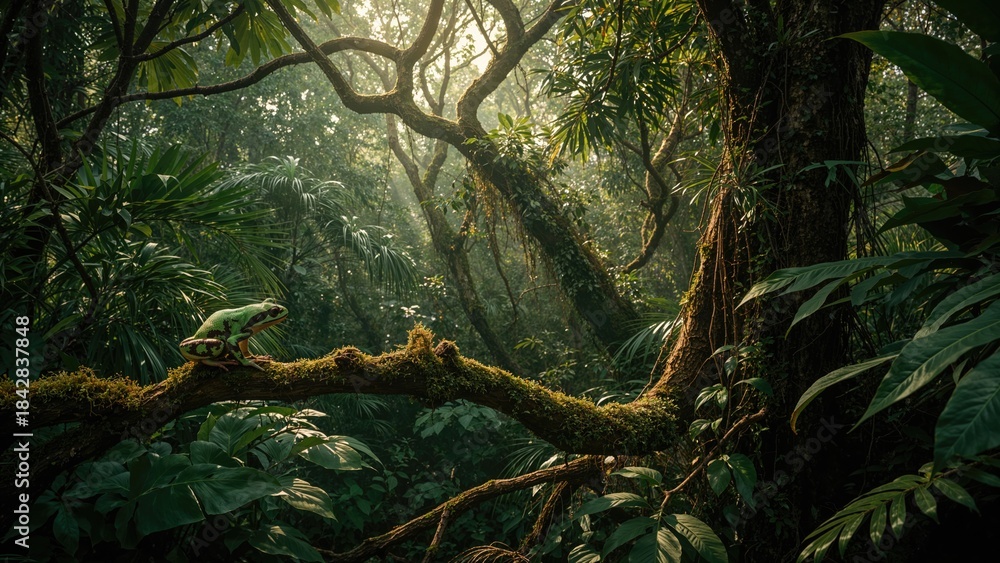 Fototapeta premium Lush tropical rainforest with dense foliage and a green frog perched on a mossy branch in a jungle setting. Privacy and nature conservation concept. Wildlife and natural habitat. The beauty of rain...
