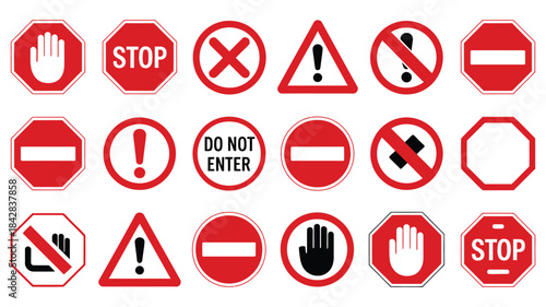 Stop sign, warning sign, prohibition sign collection, featuring red octagon, circle, triangle shapes, hand symbols, do not enter, forbidden, danger, alert icons, traffic and road safety graphics,