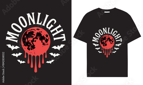 Gothic moonlight design with bloody moon and bats for t shirt