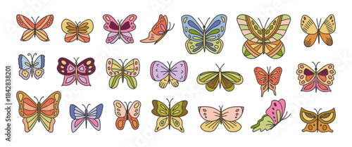 Cute cartoon butterfly. Flying insect colorful outline, beautiful doodle for spring sticker. Hand drawn whimsical rainbow wings clipart for tropical summer design. Decorative isolated vector set