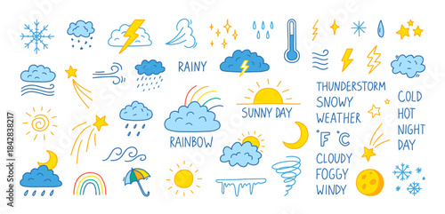 Cute weather doodle icons. Rain cloud, sun for forecast or season nature sketch signs. Hand drawn thunder, snowflake and tornado storm, rainbow climate temperature concept. Vector meteorology symbol