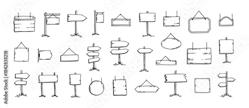 Wooden signboard. Doodle wood road sign. Hand draw arrow and plaque direction signage. Sketch plate and empty frame for outdoor advertising or decorative pointer. Antique banner isolated vector set