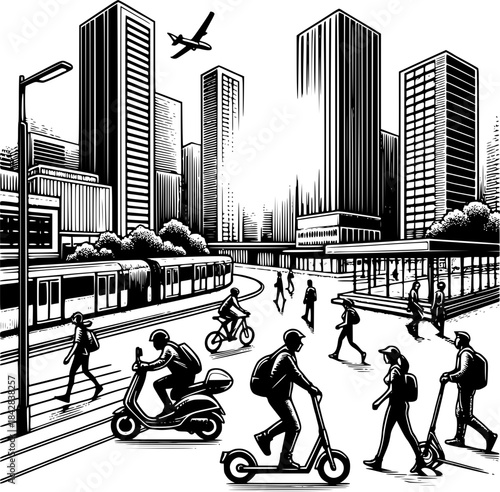 Urban Mobility: Depicting a modern city scene bustling with various modes of transport, from sleek scooters to pedestrians. Showcasing the dynamic fusion of transportation.