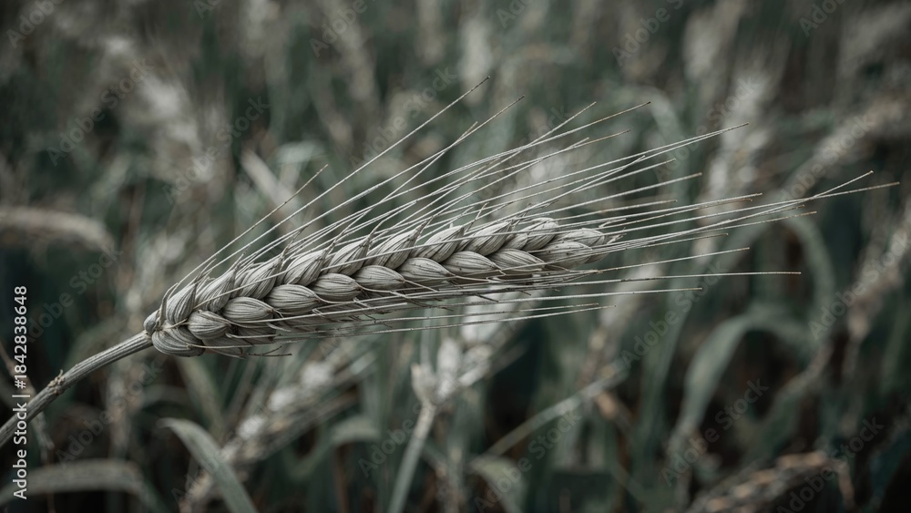 Obraz premium Close-up of a wheat stalk in a field with the background of wheat plants. Agriculture, crops, and harvest. The focus on the wheat ear.