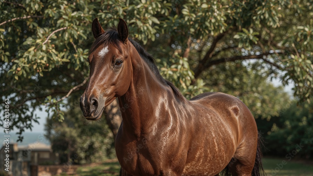 Obraz premium A brown horse standing outdoors with trees and a building in the background.