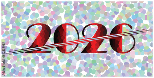 colorful abstract 2026 text design with vibrant mosaic background and creative diagonal line effect, vibrant 2026 typography artwork featuring bold red numbers over multicolor mosaic pattern
