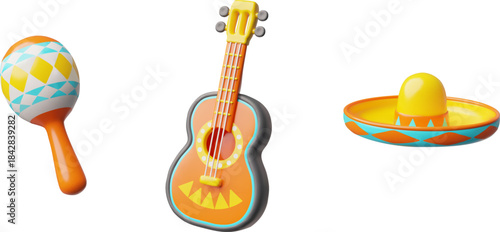 Acoustic guitar, maracas and Sombrero hat 3d vector icons set, realistic cartoon music instrument, Mexican culture