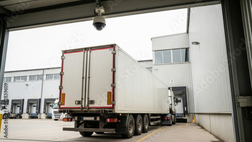 A white commercial truck backs into a loading dock at a modern industrial warehouse. A security camera monitors the logistics operations and delivery process.