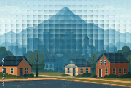 Quiet suburban city area with mountain backdrop, halftone vector art.