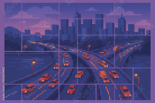 City highway interchange from above, flowing traffic, halftone vector art.