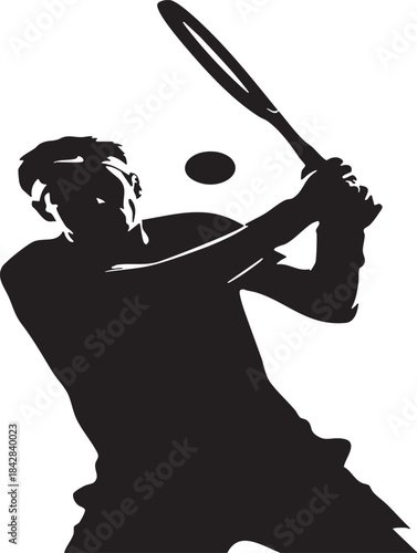 Dynamic silhouette of a focused tennis player executing a powerful overhead serve against a minimalist light background design