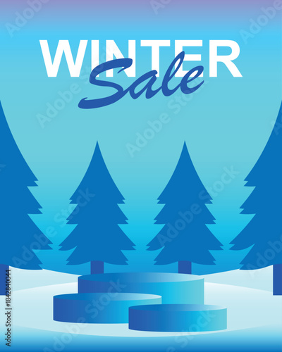 A minimal winter vector featuring dynamic shapes, snowfall elements, podium, and a prominent Winter Sale message. Ideal for story templates, feed posts, marketing headers, digital flyers, 