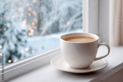 Warm drink sits on window sill as snow falls outside during winter season in a cozy room