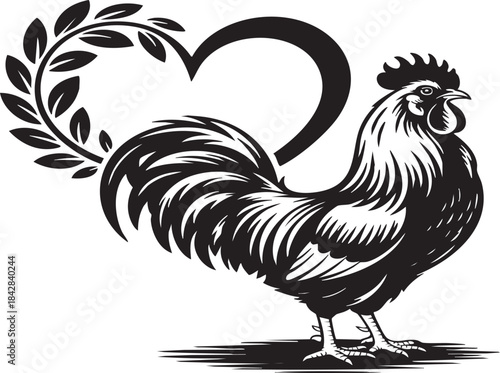 Striking black and white vector illustration of a proud rooster featuring a heart shape and laurel wreath tail design