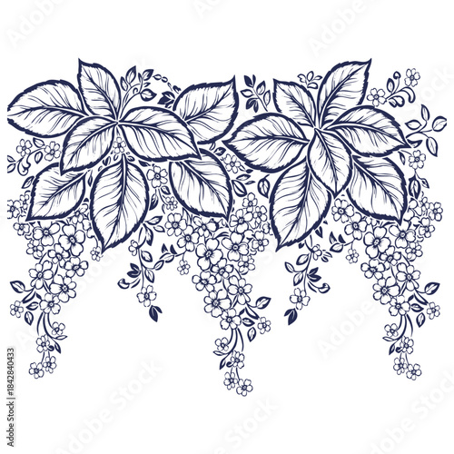 Intricate blue botanical line art floral arrangement with cascading blossoms