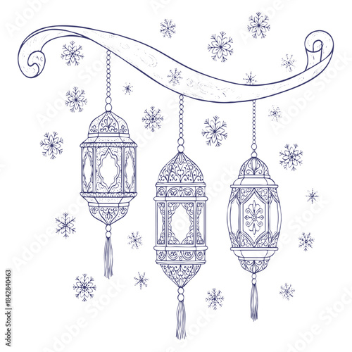 Three ornate hanging lanterns with snowflakes sketch
