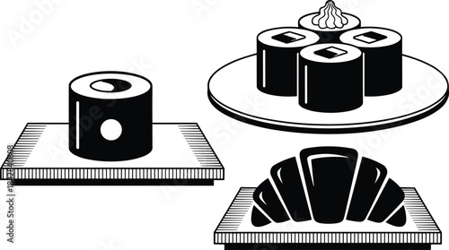 Monochromatic Silhouette Illustration of Assorted Sushi Rolls and a Croissant on Mats, Representing Global Cuisine and Breakfast Diversity in a Minimalist Style.