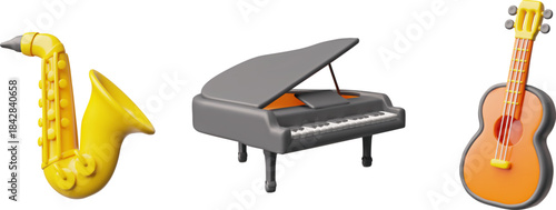 Acoustic guitar, classical piano and saxophone 3d plastic style vector icons set, render realistic music instruments