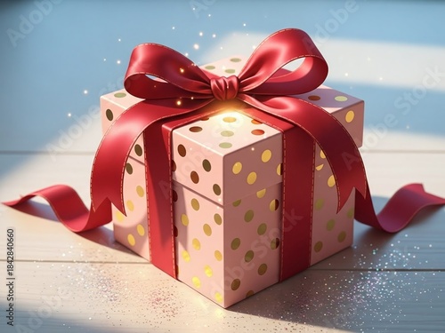 Elegant Gift Box with Red Bow on Polka Dot Background