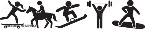 Sports Activity Icon Pack Vector Featuring Skateboarding, Horse Riding, Snowboarding, Weightlifting, and Fitness Silhouettes