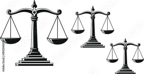 Classic Justice Scales Set Representing Law, Balance, and Judgment in Vintage Engraving Style for Legal, Business, and Finance Design
