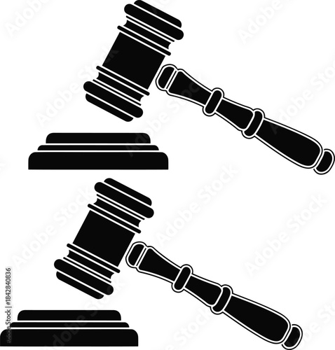 Black Silhouette of Judge's Gavel and Sound Block Symbolizing Law, Justice, Authority, Verdict, Auction, and Legal Proceedings in Vector Artwork.