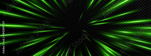 Green png with line speed light and effect. Cartoon laser glow with neon and line. Green png energy frame car banner thunderstorm shiny vector gradient hero power explosion wind futuristic graphic.