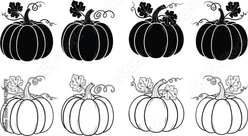 Stylized Black and White Pumpkin Silhouettes and Hand-Drawn Outline Illustrations Perfect for Autumn Harvest, Thanksgiving, and Halloween Design Elements
