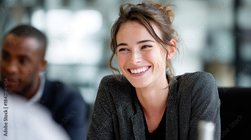 Fototapeta premium Confident Collaboration: A radiant young professional exudes poise and confidence during a business meeting.
