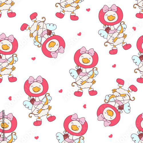 Fotografía Seamless Pattern of Lovely Goose Romance filled with charming hearts and blooming roses