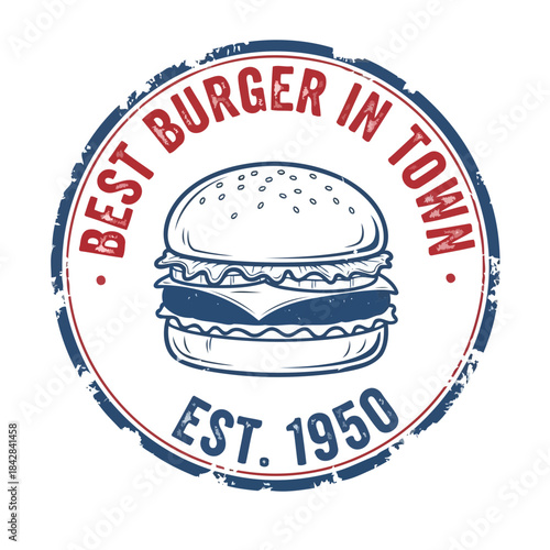 Classic Burger Illustration: A vintage illustration of a juicy burger in a circular stamp, proclaiming the best burger in town. A nostalgic image, evoking feelings of classic American comfort food.