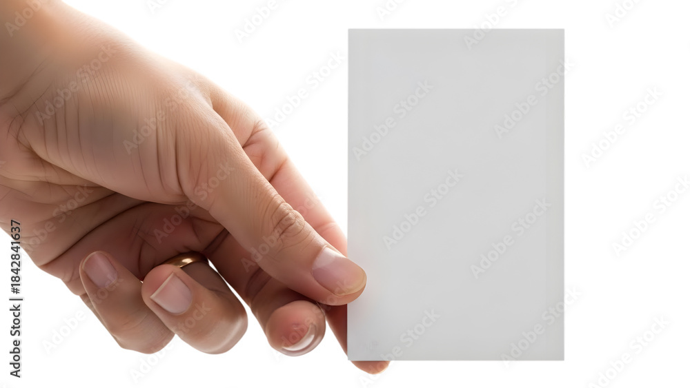 Obraz premium Hand holding a blank white card isolated on transparent background