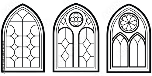 Three gothic arch windows with detailed stained glass patterns in black and white, featuring intricate designs, medieval architecture elements, decorative window frames,