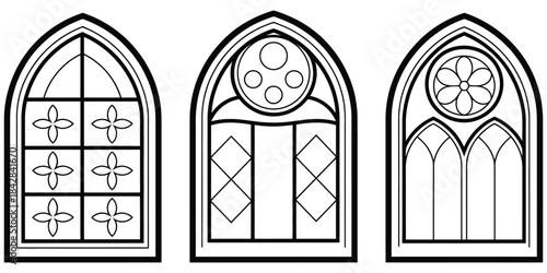 Three gothic arch windows with ornate stained glass patterns in black and white, perfect for architectural design, historical illustration, decorative elements, vector graphics, digital artwork,