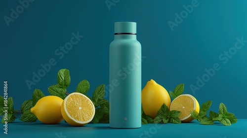 Water bottle stands among lemons and mint on a blue background in a simple setup
