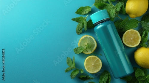 Fresh lemon and mint water bottle with sliced lemons and mint leaves on blue background