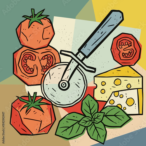 Pizza Ingredients and Pizza Cutter: A visually appealing illustration showcasing the essential ingredients for creating a delicious pizza, complete with a pizza cutter.