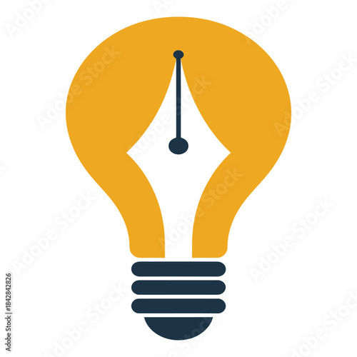 Creative writing concept illustration with a bright yellow lightbulb containing a white ink pen nib inside it and a dark blue base on a white background