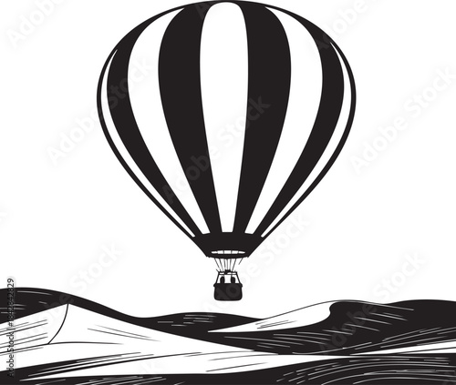 Striking black and white graphic design featuring a striped hot air balloon soaring above stylized desert sand dunes in high contrast