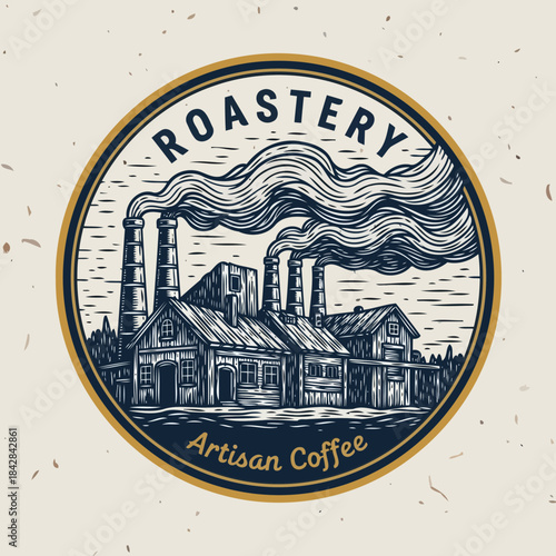 Roastery Emblem: A detailed illustration of a traditional roastery, with smoke billowing from the chimneys, embodies the essence of artisan coffee craftsmanship.