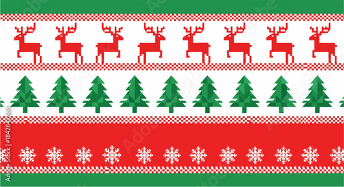 Seamless Ugly Christmas Sweater Pattern Vector. Knitted Pixel Art Holiday Background with Reindeer and Snowflakes. Red Green Fair Isle Texture