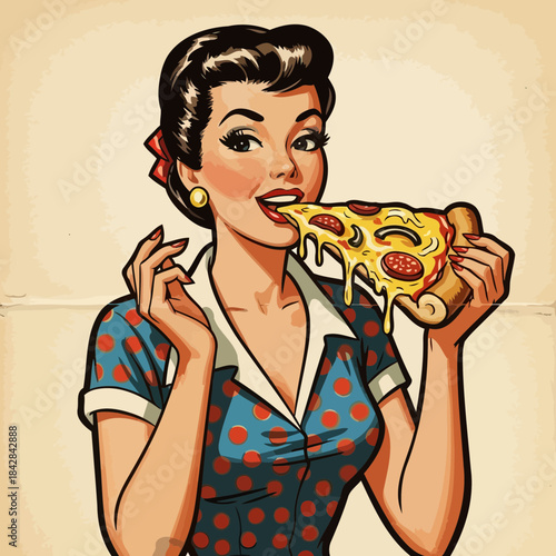 Savoring Slice: A vintage-styled illustration captures a woman relishing a delicious slice of pizza, a scene evoking culinary delight and retro charm.
