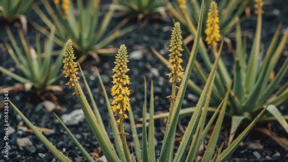 Obraz premium Yellow flowering plants among green spiky leaves in a desert or arid environment