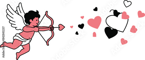 Cupid with bow and arrow shoots pink and black hearts symbolizing love and romance on a for valentine's day isolated on white background