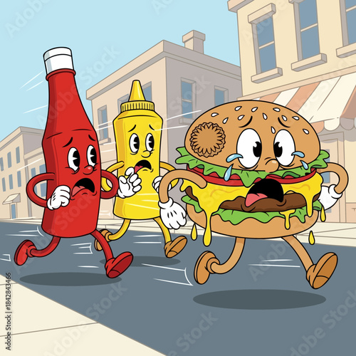 Fast Food's Fright: A comical illustration of ketchup, mustard, and a hamburger sprinting down a street in fear, their wide-eyed expressions capturing the comicality of the situation.
